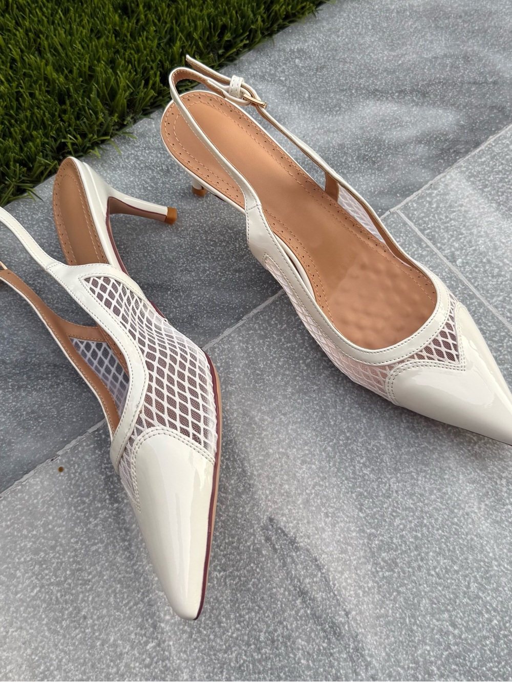 Pointed-Toe Slingback Kitten Heels in Cream